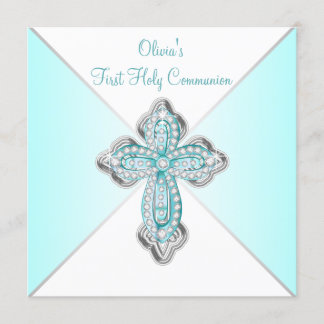 Invitation Première communion des filles bleu sarcelle