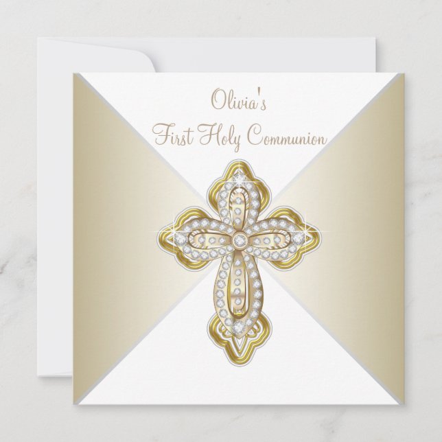 Invitation Première communion des filles en blanc et or (Devant)