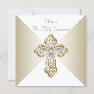 Invitation Première communion des filles en blanc et or