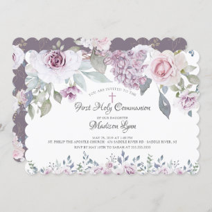 Invitation Première communion des fleurs de violet d'aquarell