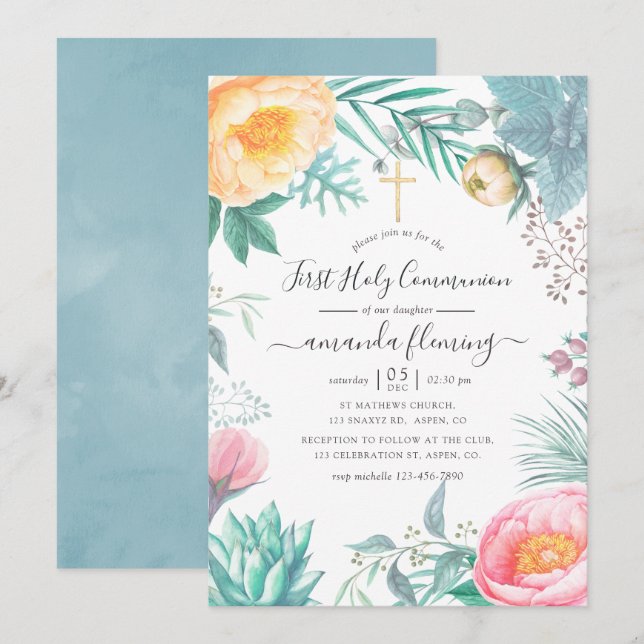 Invitation Première communion d'été Pâle Tropical Floral Pass (Devant / Derrière)
