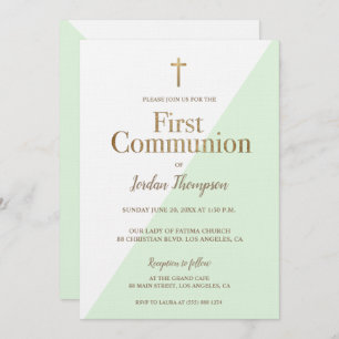 Invitation Première communion d'or blanc vert menthe moderne