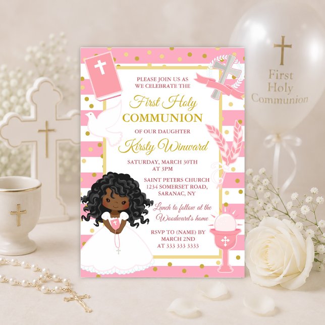Invitation Première communion d'une fille afro-américaine ros (Créateur téléchargé)