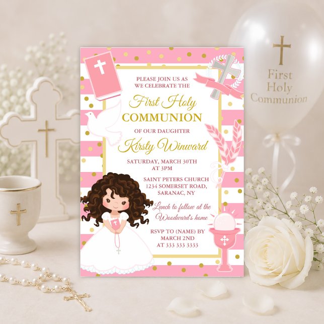Invitation Première communion d'une fille brune avec rayure r (Créateur téléchargé)