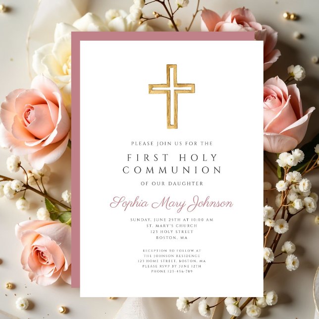 Invitation Première communion d'une fille religieuse croix ro (Modern Pink Cross Religious Girl First Communion Invitation)