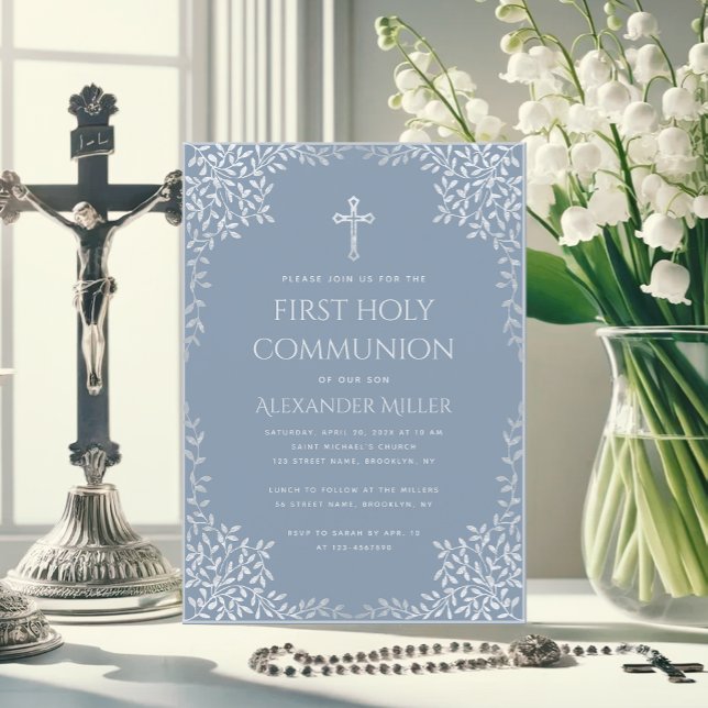 Invitation Première communion Dusty Bleu Élégant Feuilles d'a (Créateur téléchargé)