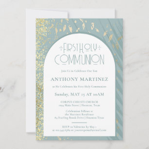 Invitation Première communion Dusty Blue Gold Parties scintil