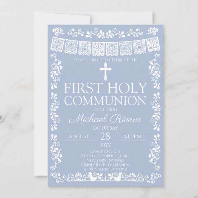 Invitation Première communion Dusty Blue Papel Picado (Devant)