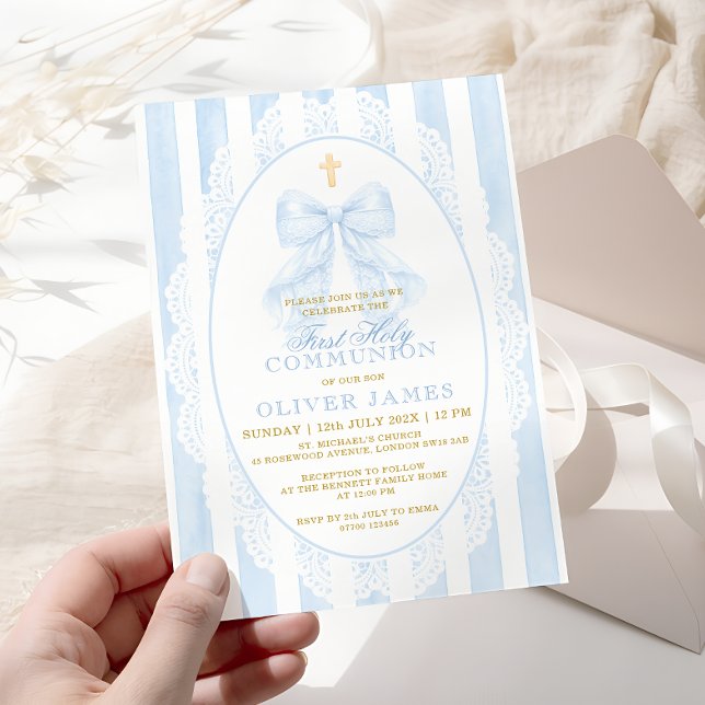 Invitation Première communion élégant nœud bleu (Créateur téléchargé)