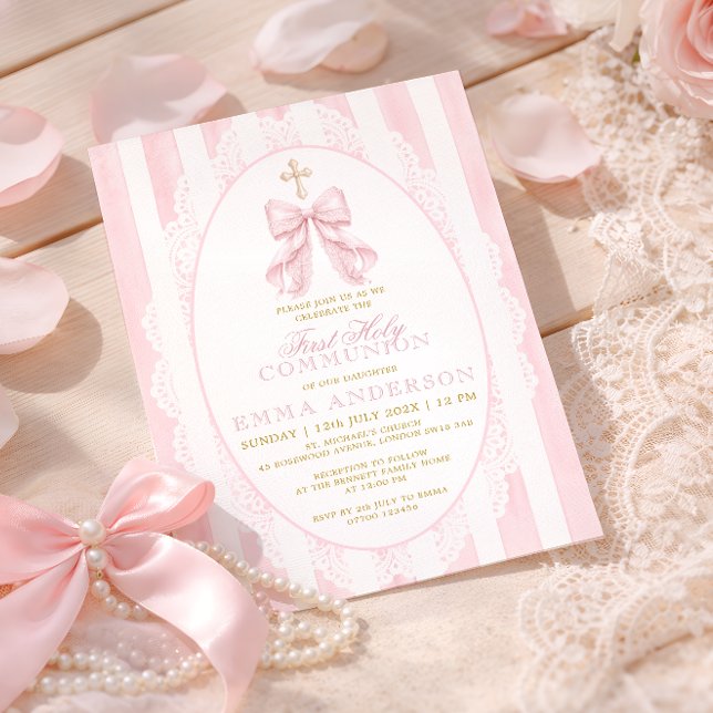Invitation Première communion élégant nœud rose (Créateur téléchargé)