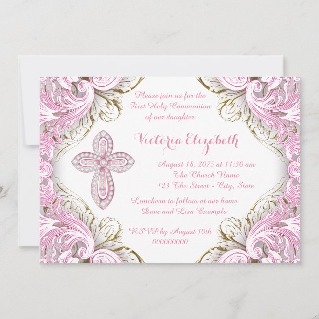 Invitation Première communion Elegant Pink and Gold Cross (Devant)
