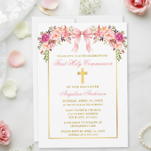 Invitation Première communion élégante à l'aquarelle florale 