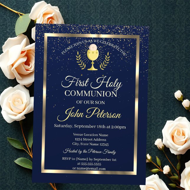 Invitation Première communion élégante confettis bleus (Créateur téléchargé)