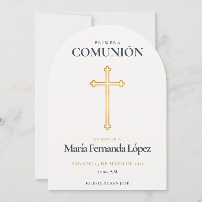 Invitation Première Communion Élégante Croix d'Or (Devant)