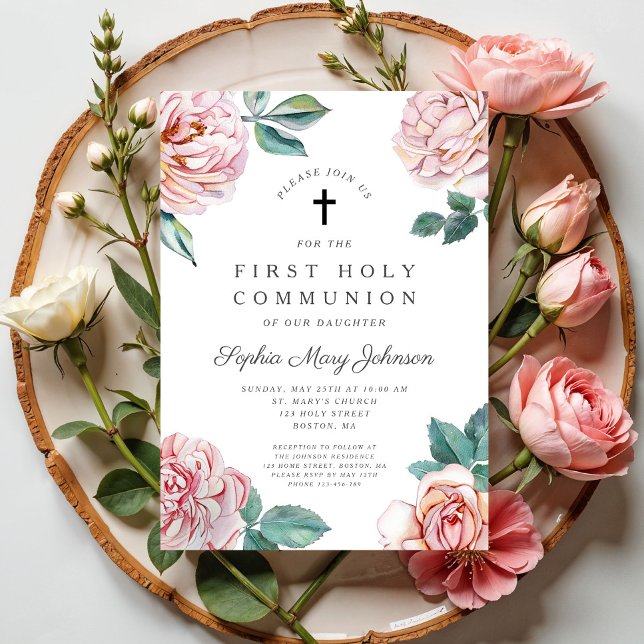 Invitation Première communion élégante croix florale fille (Elegant Floral Cross Girl First Communion Invitation Digital Download)