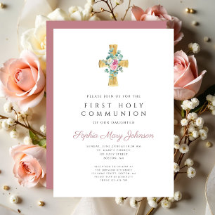 Invitation Première communion élégante croix florale rose