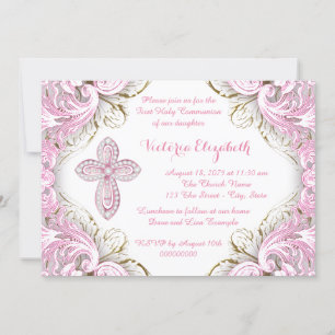 Invitation Première communion élégante croix rose et or