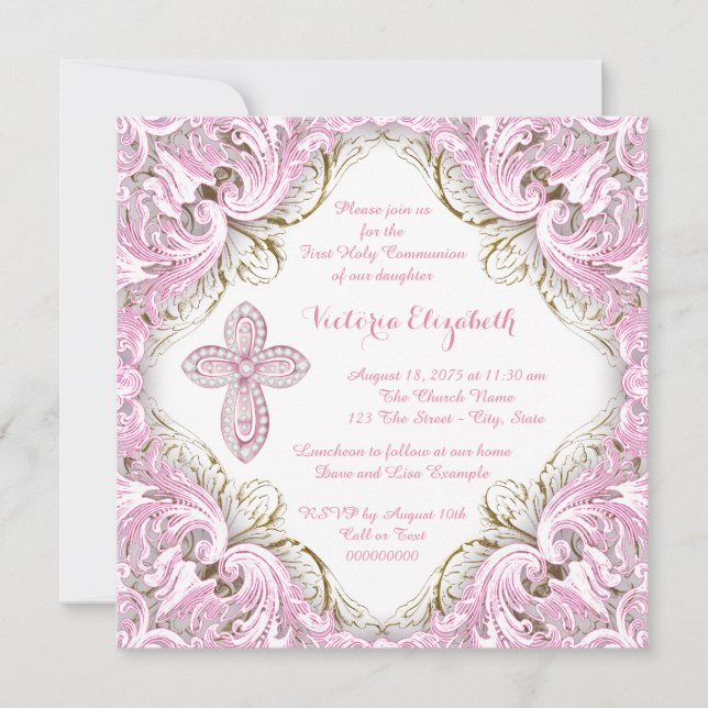 Invitation Première communion élégante croix rose et or (Devant)