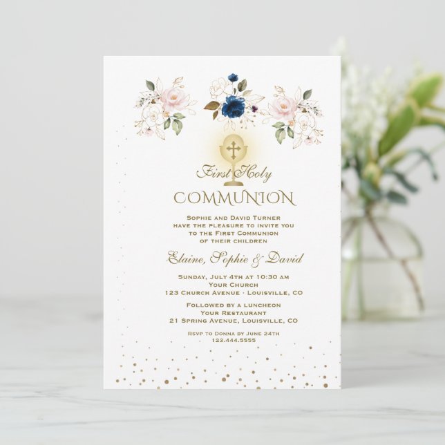 Invitation Première communion élégante de triplets aux fleurs (Debout devant)
