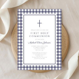 Invitation Première communion élégante en bleu marine à carre