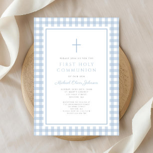 Invitation Première communion élégante en vichy bleu garçon