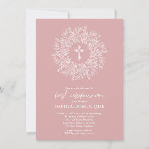 Invitation Première communion élégante fille croix rose relig