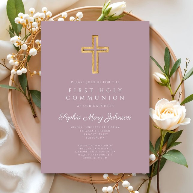 Invitation Première communion élégante fille religieuse croix (Elegant Mauve Cross Religious Girl First Communion Invitation)