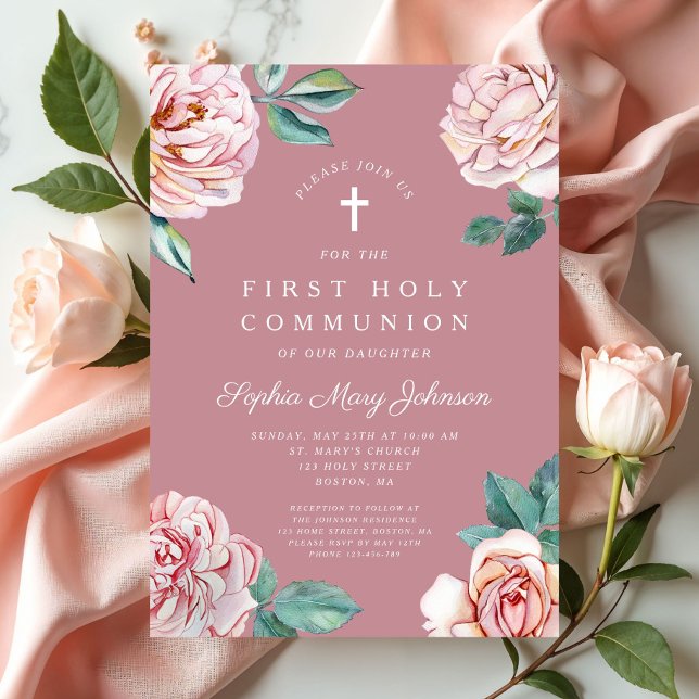 Invitation Première communion élégante fille religieuse flora (Elegant Pink Floral Religious Girl First Communion Invitation)