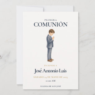 Invitation Première Communion Élégante  Garçon Priant