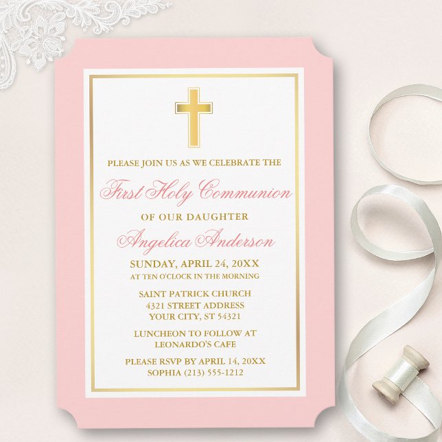 Invitation Première communion élégante Gold Cross Rose (Customize to change text size, style, color or to add more text or photos to back of card.)