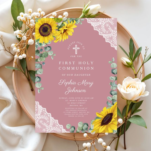 Invitation Première communion élégante moderne croix florale  (Elegant Modern Pink Floral Cross First Communion Invitation)