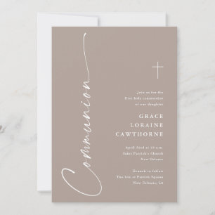 Invitation Première communion élégante moderne script taupe