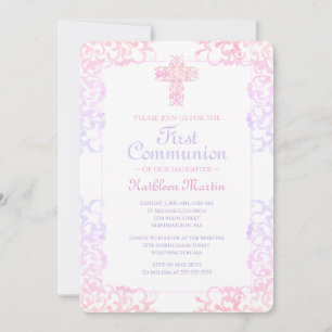 Invitation Première communion Élégante Pastel Damask Cross Gi