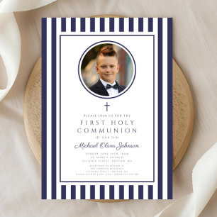 Invitation Première communion élégante photo garçon bleu mari