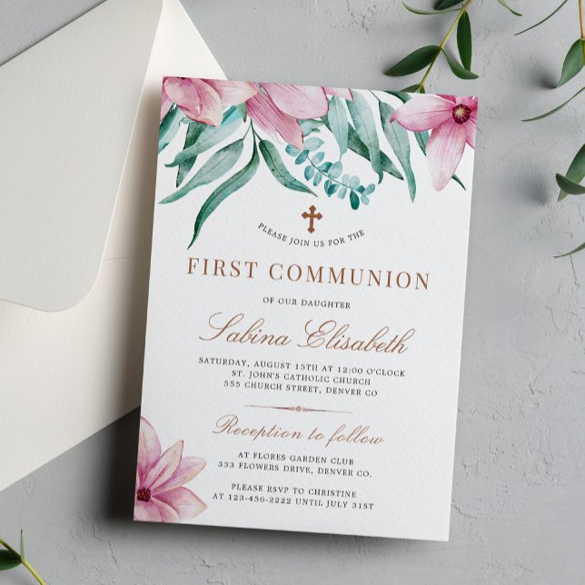 Invitation Première communion élégante rose florale (Créateur téléchargé)