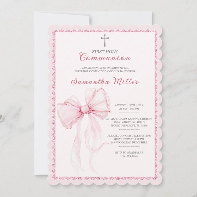 Invitation Première communion élégante rose pour filles (Devant)