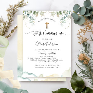 Invitation Première communion, Elégante verdure et aquarelle