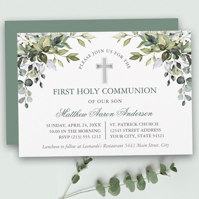 Invitation Première communion en aquarelle botanique verdure  (Customize to change text color, text style or color of back of card.)