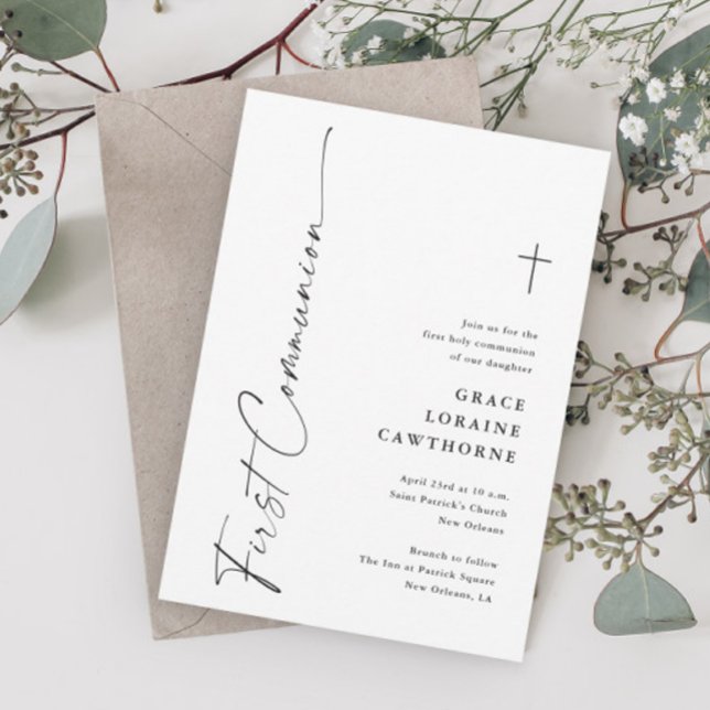 Invitation Première communion en noir et blanc avec écriture  (Modern Script Black and White Gender Neutral First Communion Invitations.)