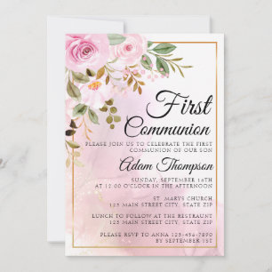 Invitation Première communion en or et en marbre Rose rose