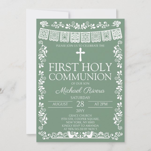 Invitation Première communion en papier découpé vert sauge (Devant)