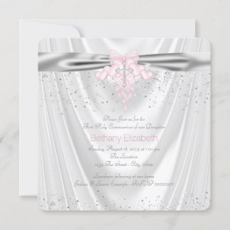 Invitation Première communion en satin blanc pailleté