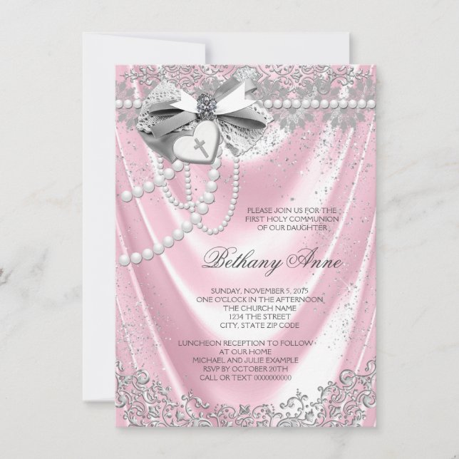 Invitation Première communion en satin rose (Devant)