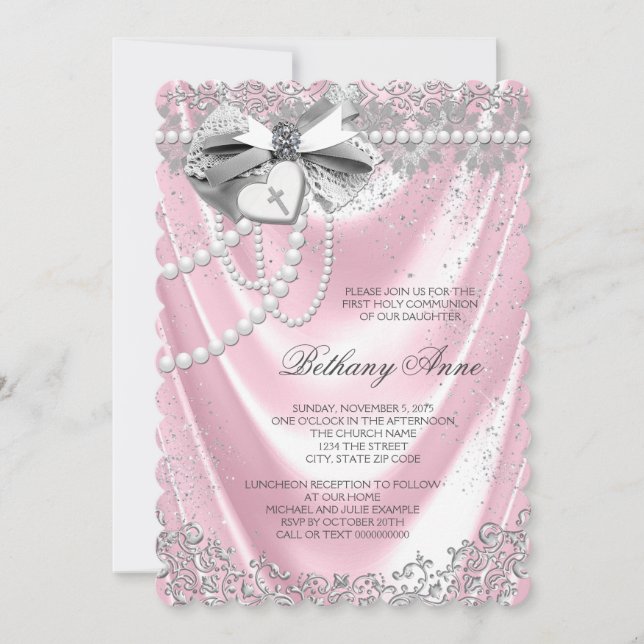 Invitation Première communion en satin rose (Devant)