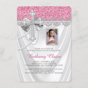 Invitation Première communion en satin rose et blanc pailleté