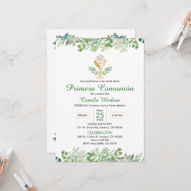 Invitation Première communion Espagnol Vert Feuille verdure (Devant/Arrière en situation)