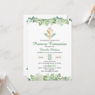Invitation Première communion Espagnol Vert Feuille verdure
