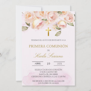 Invitation Première communion espagnole florale rose poussiér