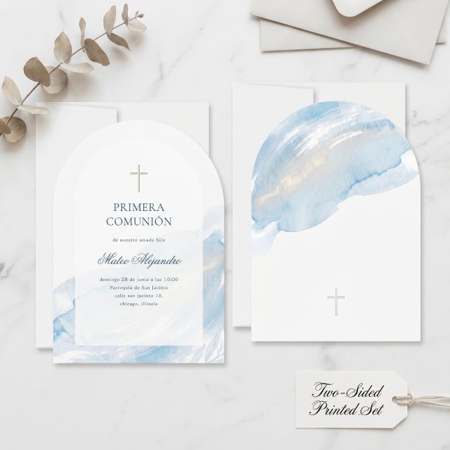 Invitation Première Communion Espagnole Minimaliste Aquarelle (Elegant Arched Primera Comunión Invitation - Blue & Gold)