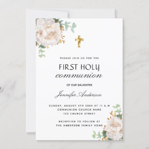 Invitation Première communion eucalyptus blanc floral